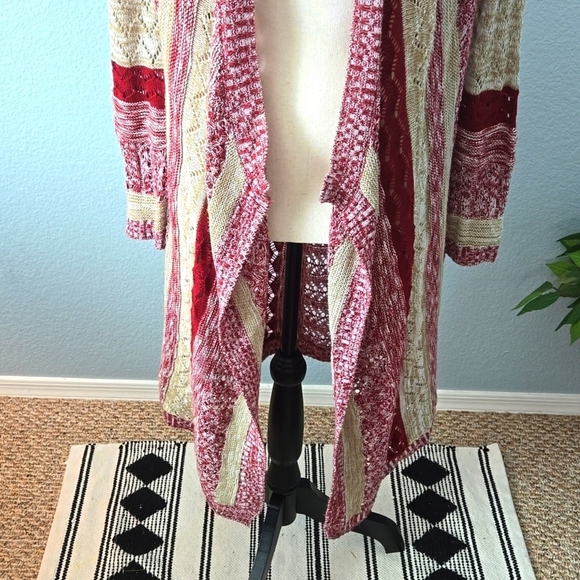 ABSOLUTELY FAMOUS Burgundy Beige open front long line cardigan waterfall Small - Picture 3 of 9